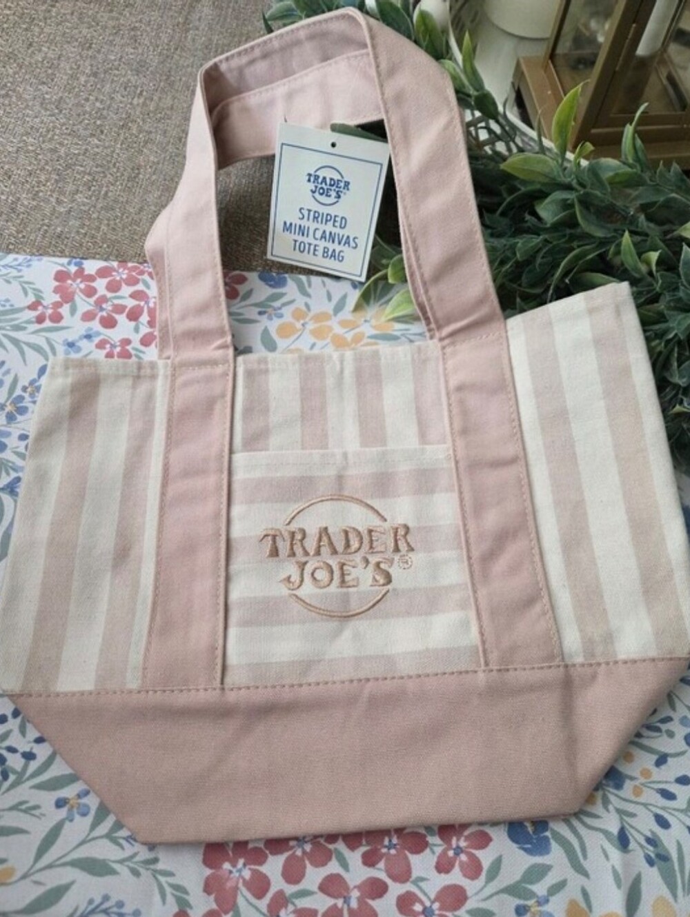 Trader Joe's Beige Striped Canvas Tote Bag NWT